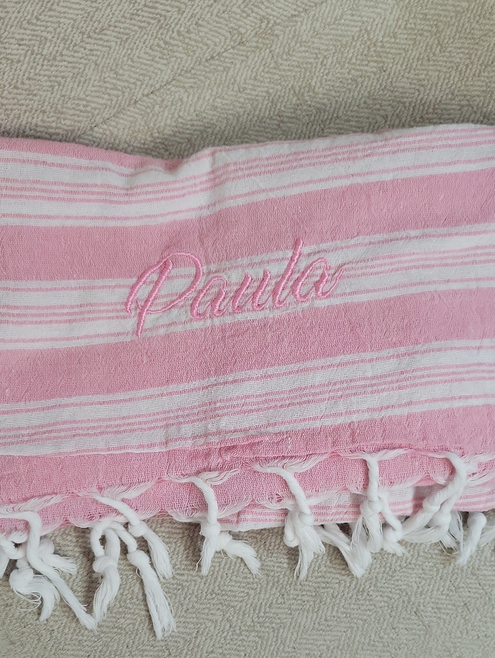PAULA Personalized Pink & White Striped Turkish Cabana Beach Towel with Fringe